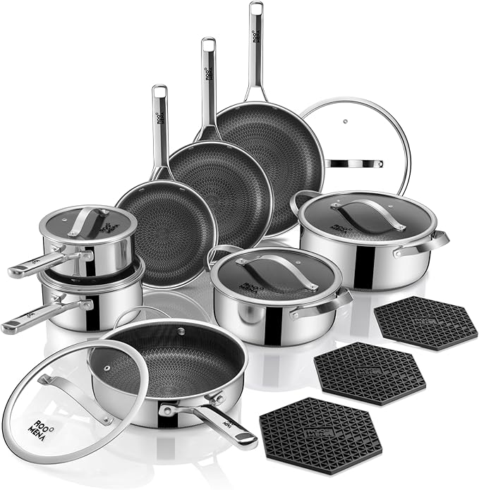 Pots and Pans Set Hybrid Stainless Steel, Dishwasher & Oven Safe, Metal U...