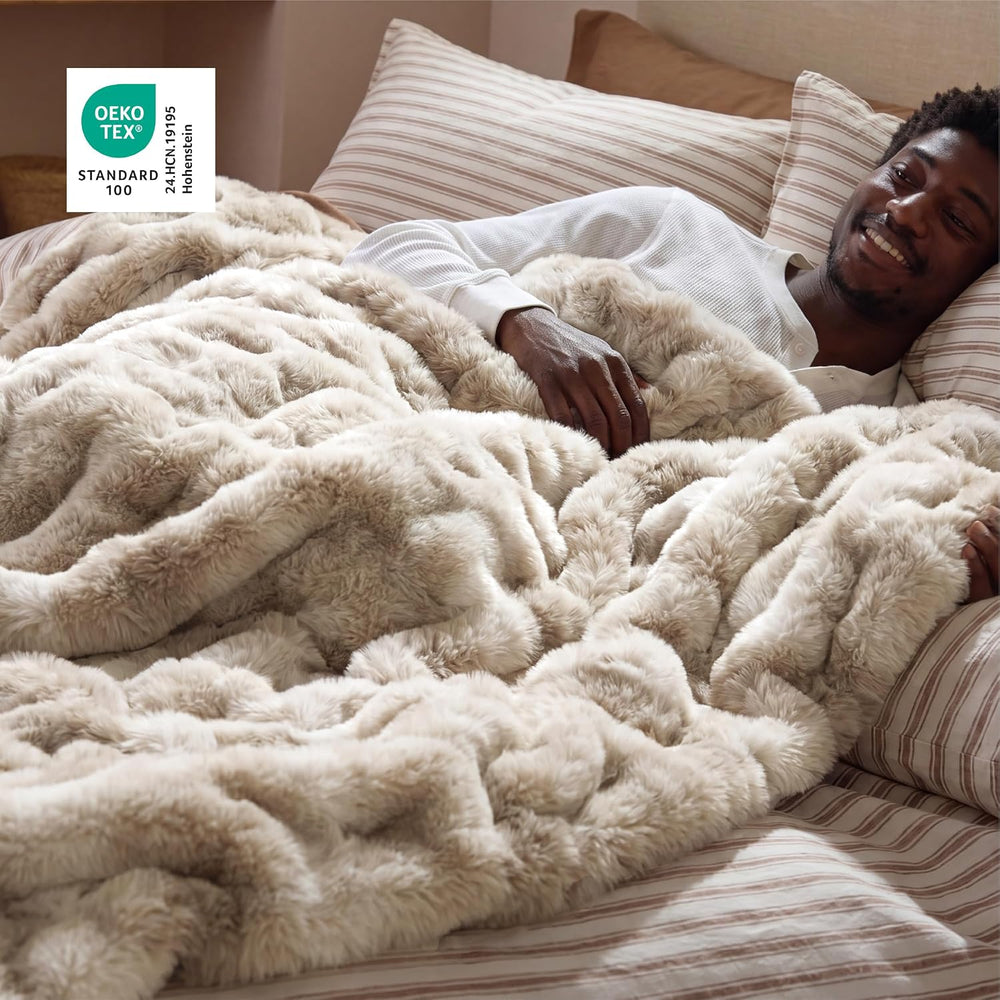 Bedsure Fluffy Bubble Faux Fur Queen Blanket, 90"x90", Tie-dye Taupe