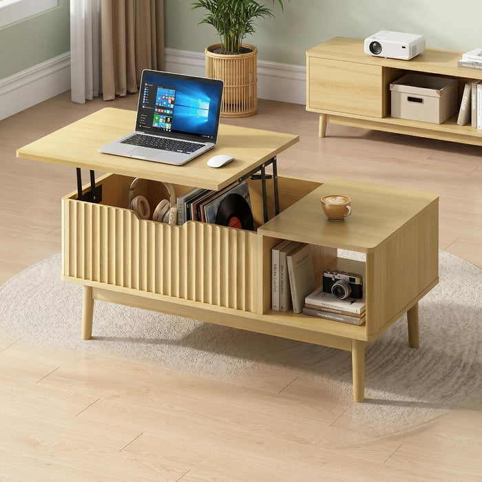 LYNSOM Wood Lift Top Coffee Table with Storage,Rising Coffee Tables with Hidden Compartment and Large Storage Shelf, Fluted Center Table for Living Room Office, Oak