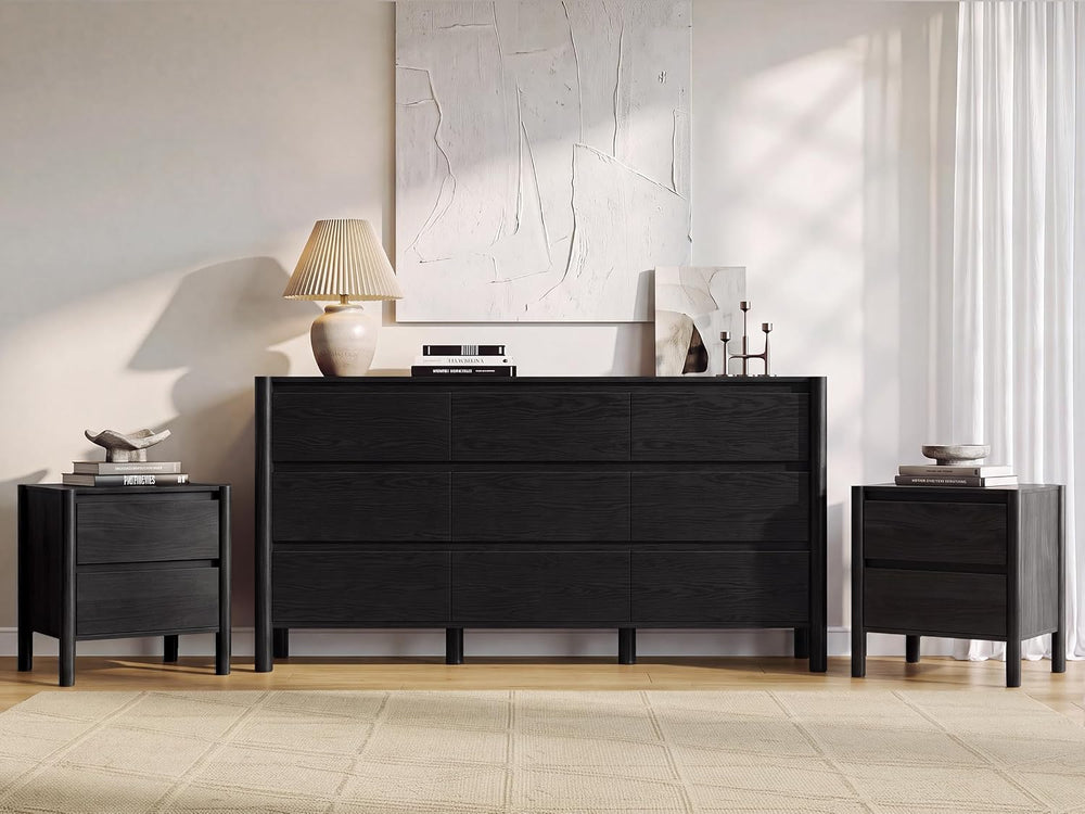 63in Black 9 Drawer Dresser & 2 Nightstand Set, 3 Pcs Bedroom Furniture