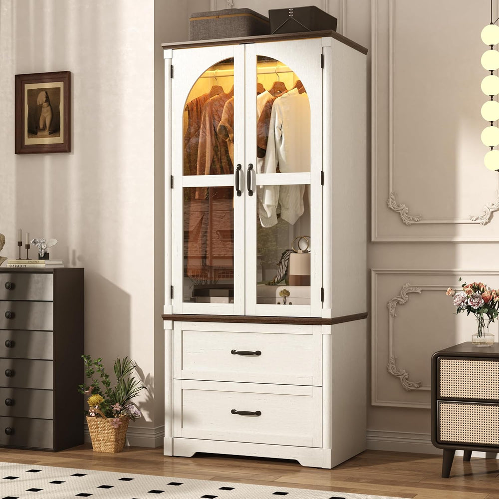 Tall Farmhouse 2 Doors Armoire Wardrobe Closet with LED ,72" Freestandin...
