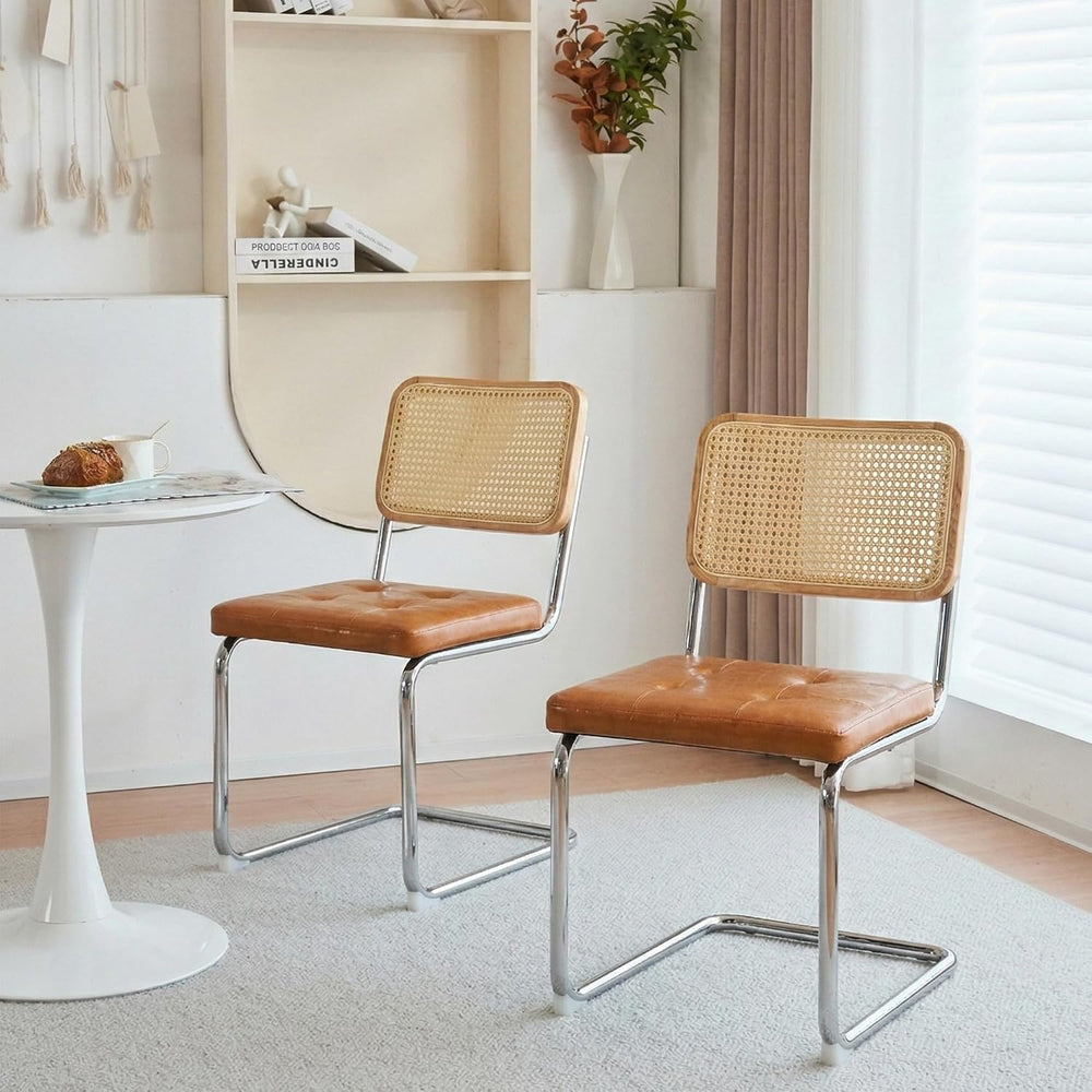 Rattan Cantilever Dining Chair, Single Modern Armless Chair with Chrome Steel...