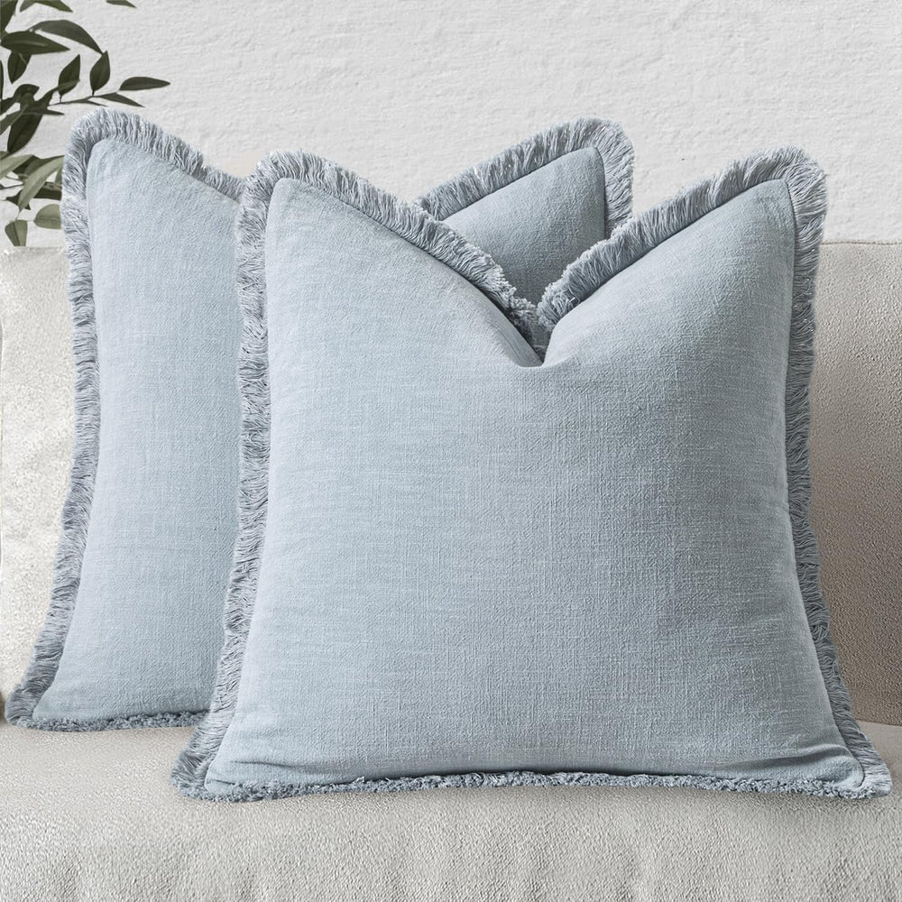 MIULEE Boho Linen Fringe Decorative Throw Pillow Covers Sky Blue 18x18