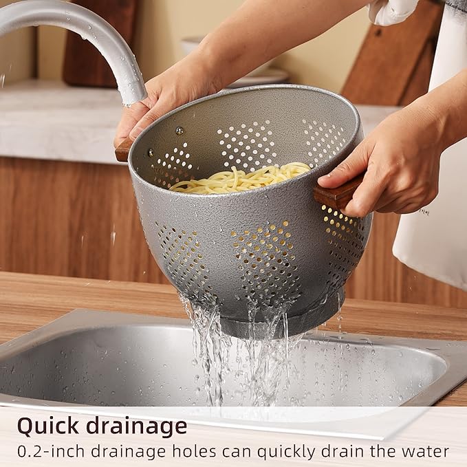 Metal Colander with Wood Handle and Stable Base, Powder Coated Steel Kitchen - Image 3