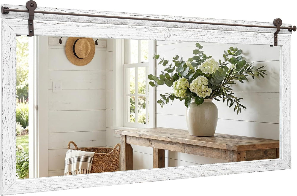 27"x49" Whitewashed Coastal Barn Door Wall Mirror with Wood Header
