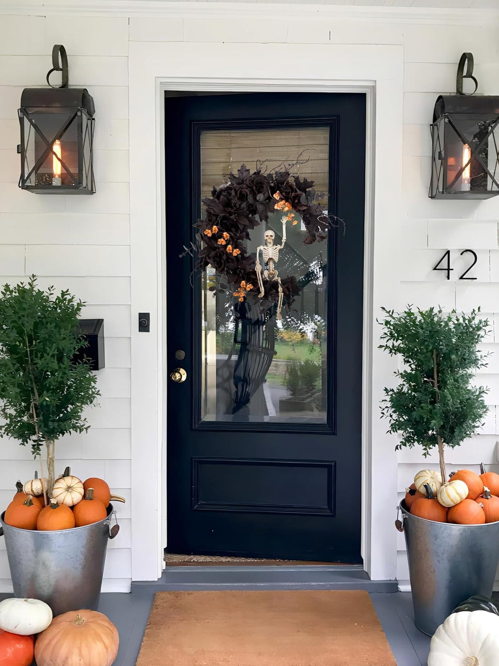 20" Pre-lit Halloween Black Moon Wreath with Poseable Skeleton, Handmade...