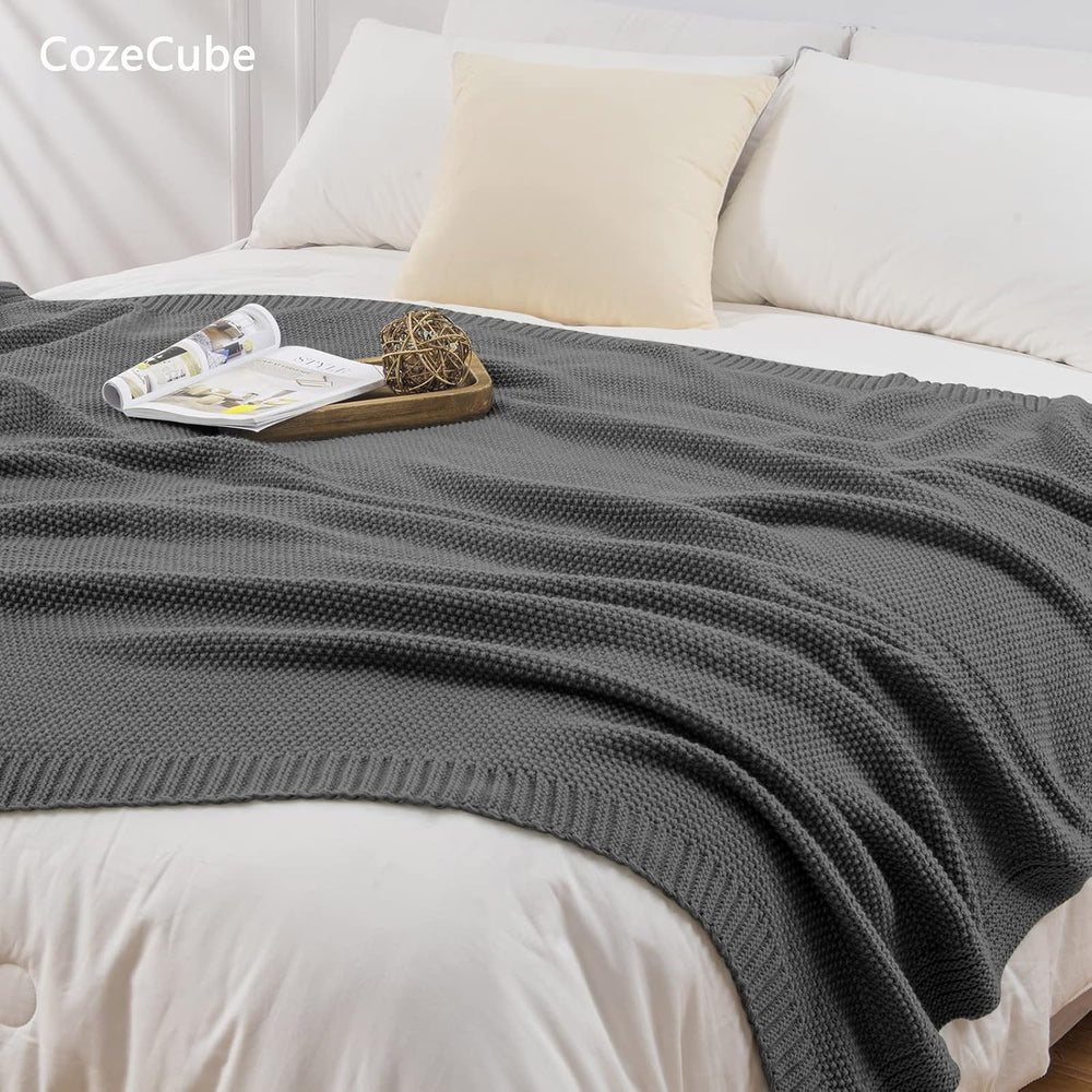 CozeCube Charcoal Grey Seed Stitch Throw Blanket 50"x60", Farmhouse...
