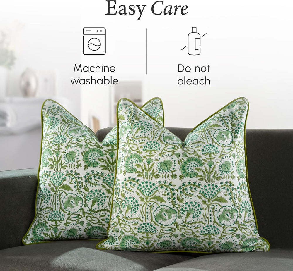 CPC Agate Green Block Print Throw Pillow Covers 20x20 Inch, Pack of 2