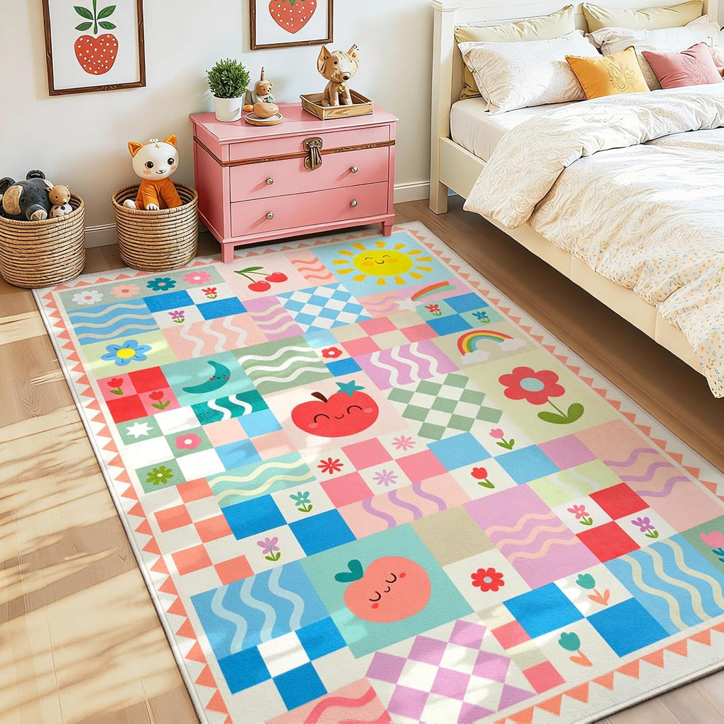 Washable Pink Area Rugs for Bedroom Girls, 3x5 Soft Checkered Playroom Carpet with Cute Sun & Rainbow Fruit Design, Non-Slip Decorative Floor Mat