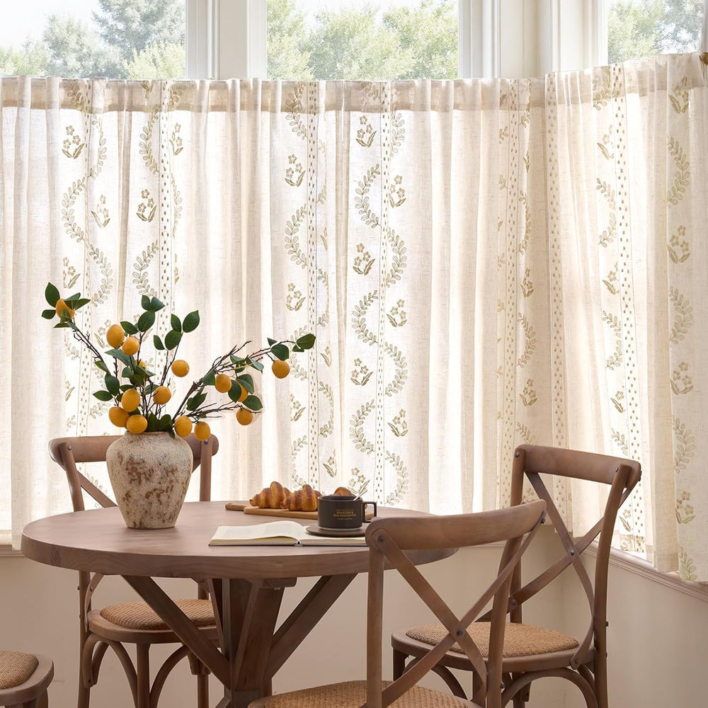 jinchan Beige Floral Linen Kitchen Tier Curtains 50x54 Inch 2 Panels
