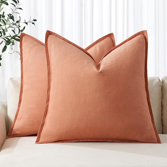 MIULEE Decorative Linen Euro Sham Pillow Covers 24x24 Coral ​Boho Farmhouse​ by MIULEE