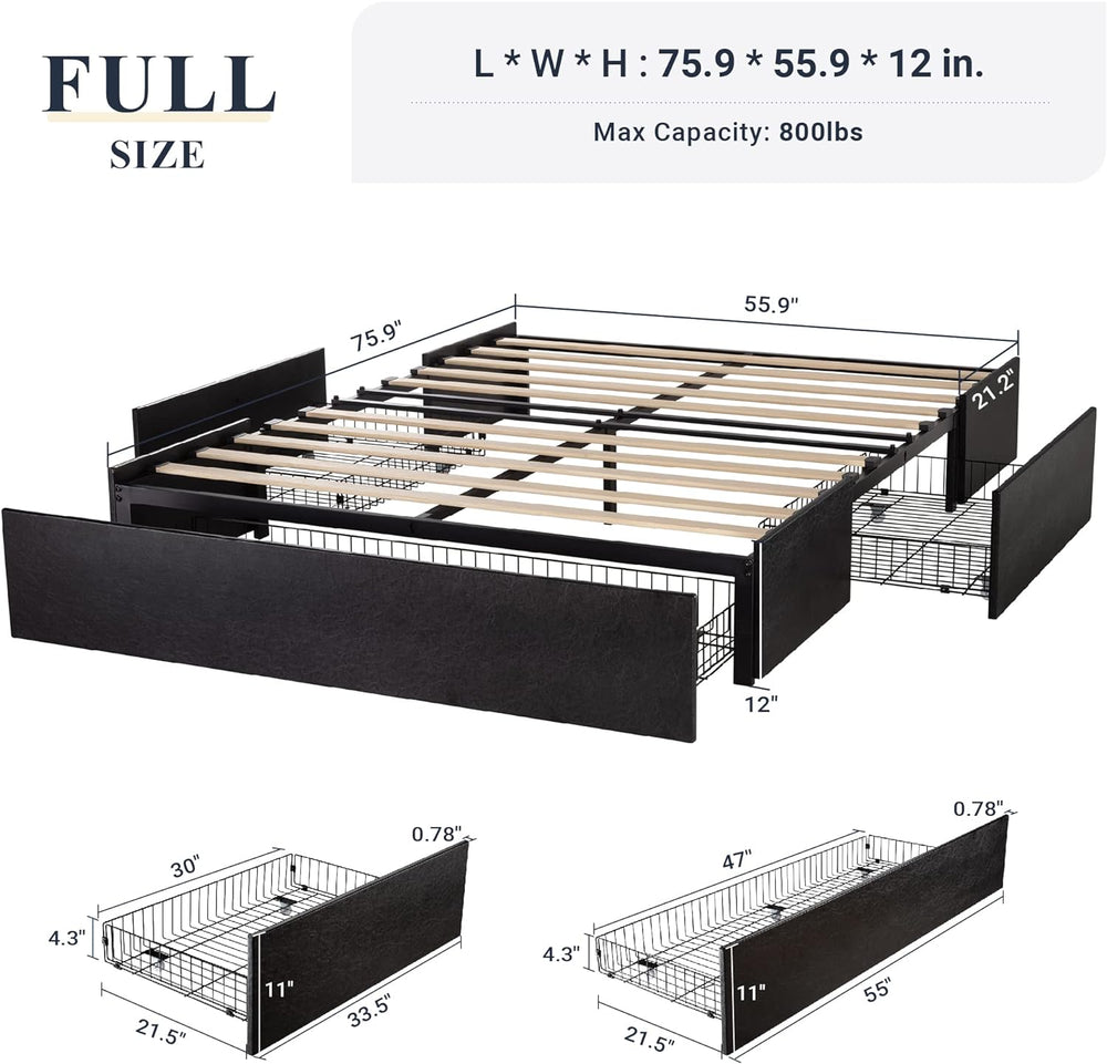 Allewie Full Size Platform Storage Bed Frame with 3 Drawers, Black