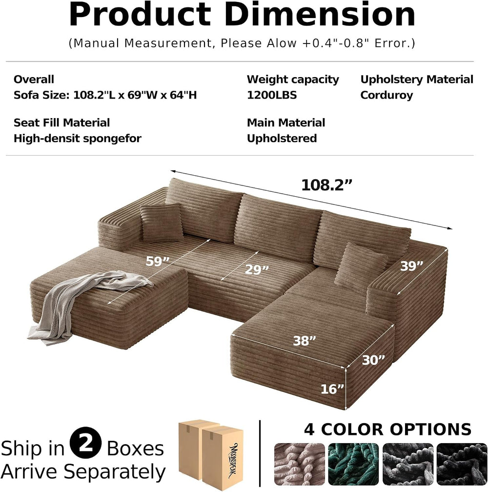 MoonSpeak 108" Boneless Sectional Cloud U Shaped Couch, Khaki | deep sea...