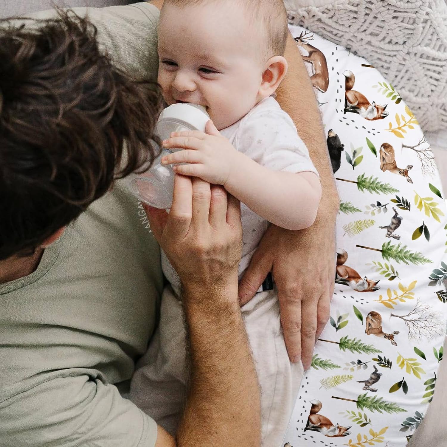 HawSkgFub Forest Animals Creatures Nursing Pillow Cover for Baby Boys, Pine Tree Bear Fox Deer Leaf Breastfeeding Pillow Slipcover, Nursing Pillowcase for Newborn Infant, Cover Only