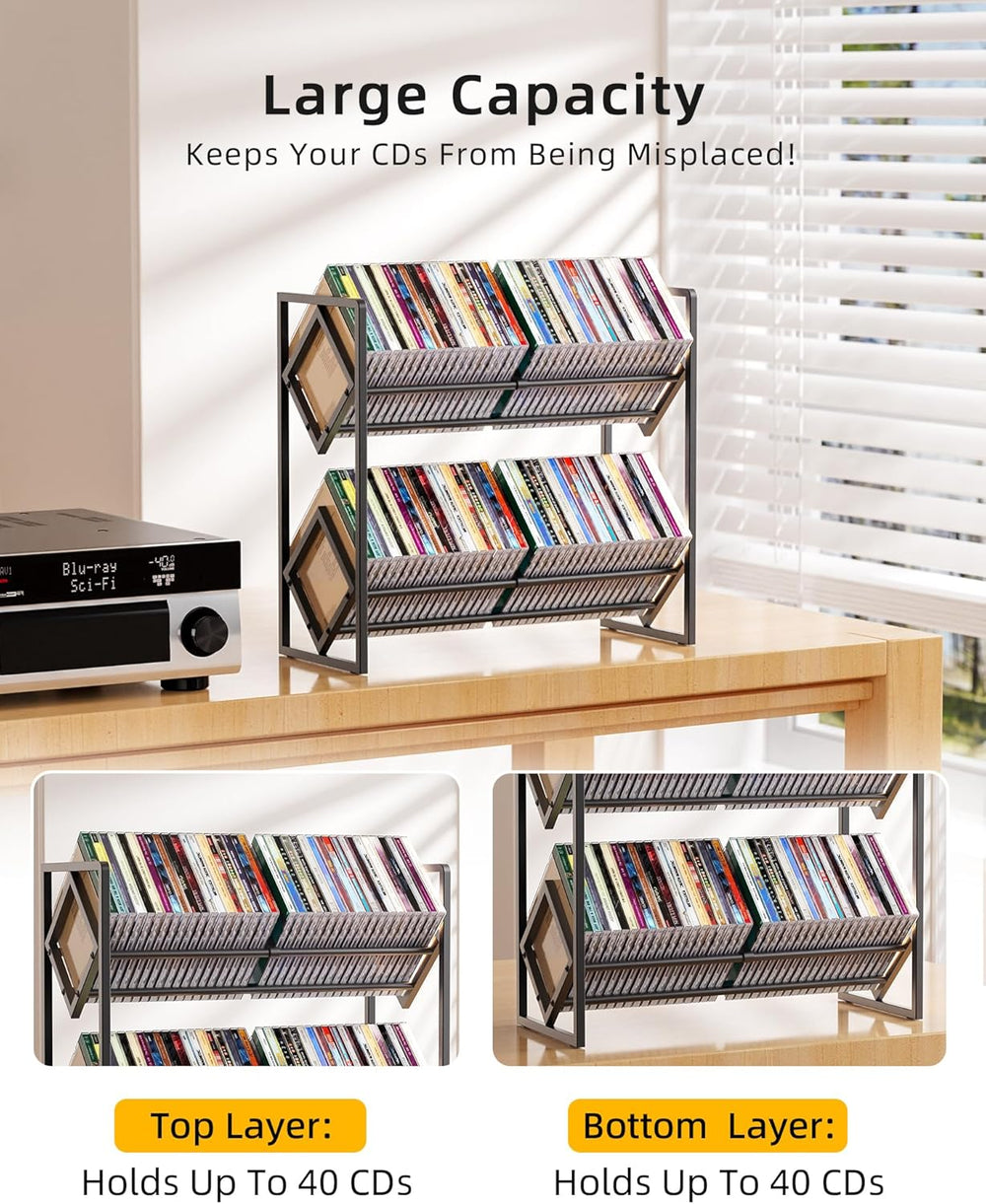 2-Tier CD Storage Metal Display Shelf, CD Holder Rack with Adjustable Divider...