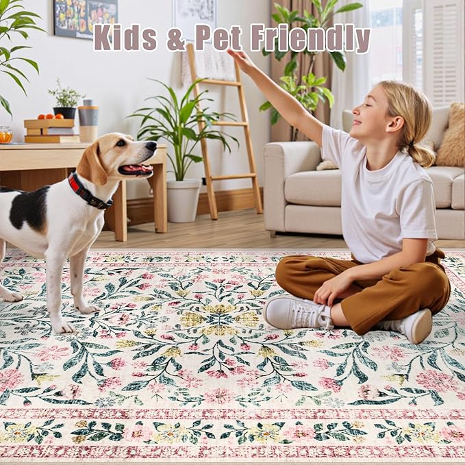 Area Rug Living Room Rugs: Floral 5x7 Washable Rug Vintage Soft Boho Non-Slip - Image 7