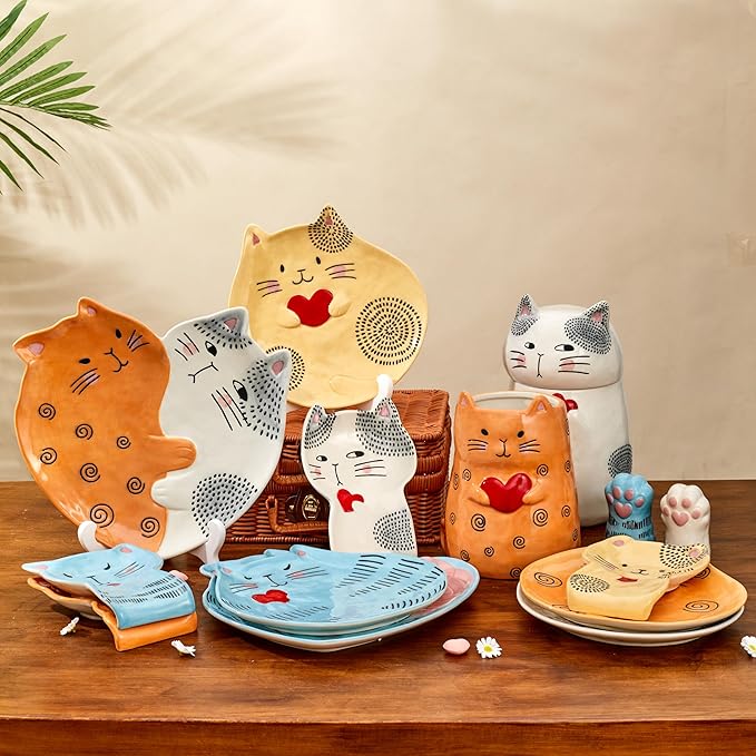 Bico Cartoon Cat Handpainted Stoneware Orange 7.8 inch Utensil Holder, - Image 5
