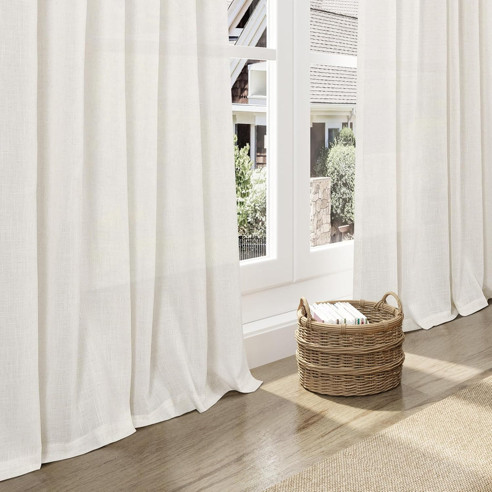 Nanspring Beige White Linen Curtains 84 Inch Length 2 Panels Set for Living R...