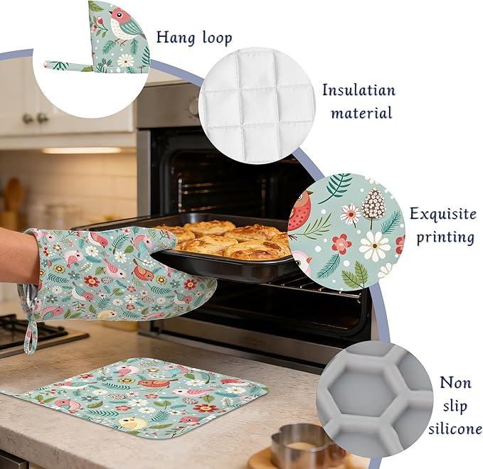Birds Floral Potholders & Oven Mitts Sets Colourful Flowers Silicone Heat - Image 4