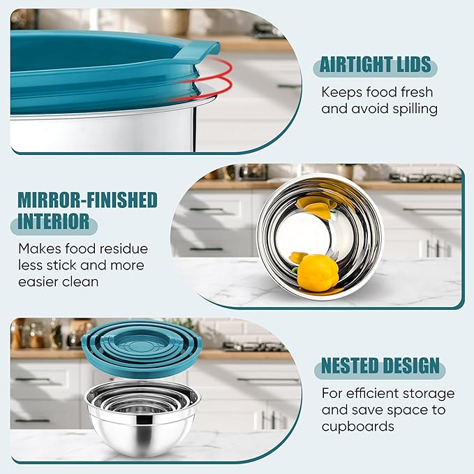 P&P CHEF Mixing Bowls with Airtight Lids Set of 5, 10-Piece Stainless Steel - Image 3
