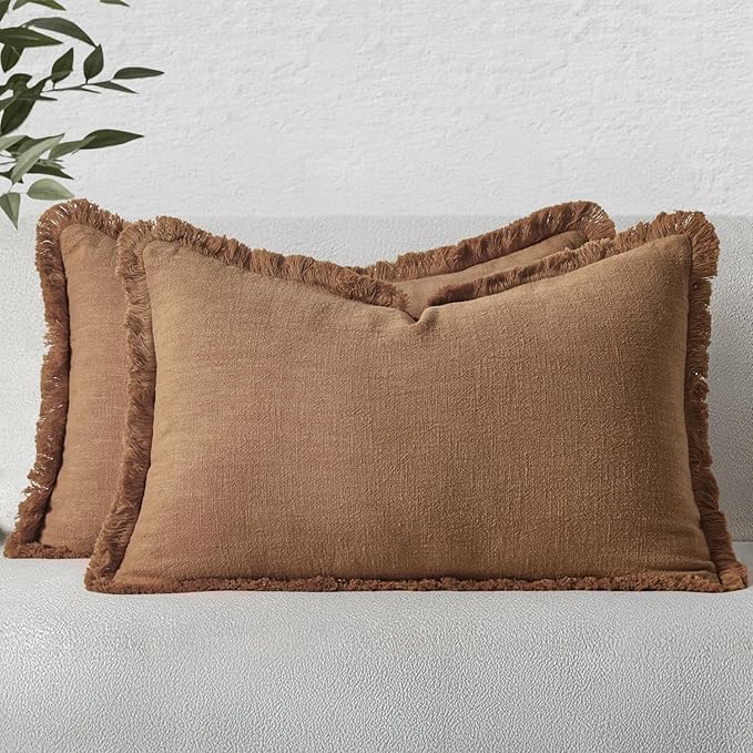 MIULEE Decorative Lumbar Throw Pillow Covers Neutral Linen Fringe Throw Pillows by MIULEE
