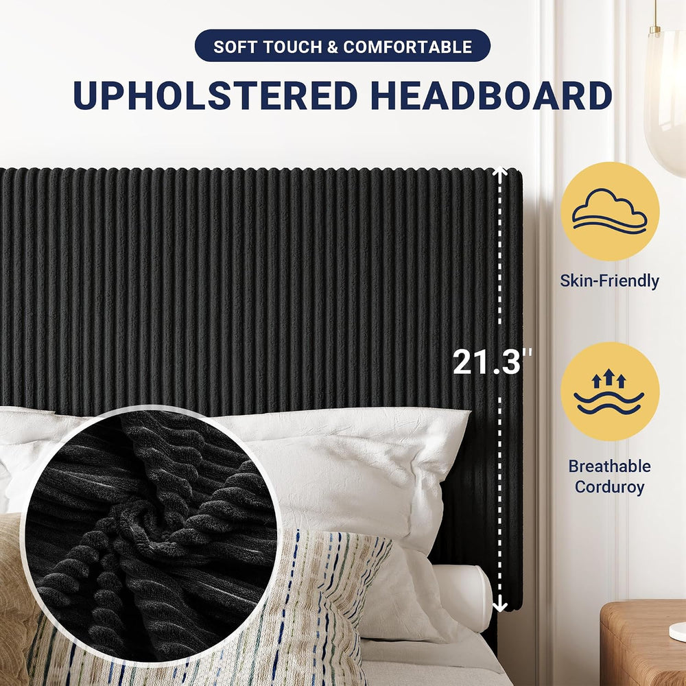 Allewie Full Bed Frame, Adjustable Corduroy Headboard, Platform, Black