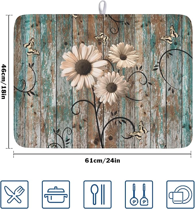 Dish Drying Mat for Kitchen Counter 18 x 24 Inch Rustic Vintage Daisy Floral - Image 2