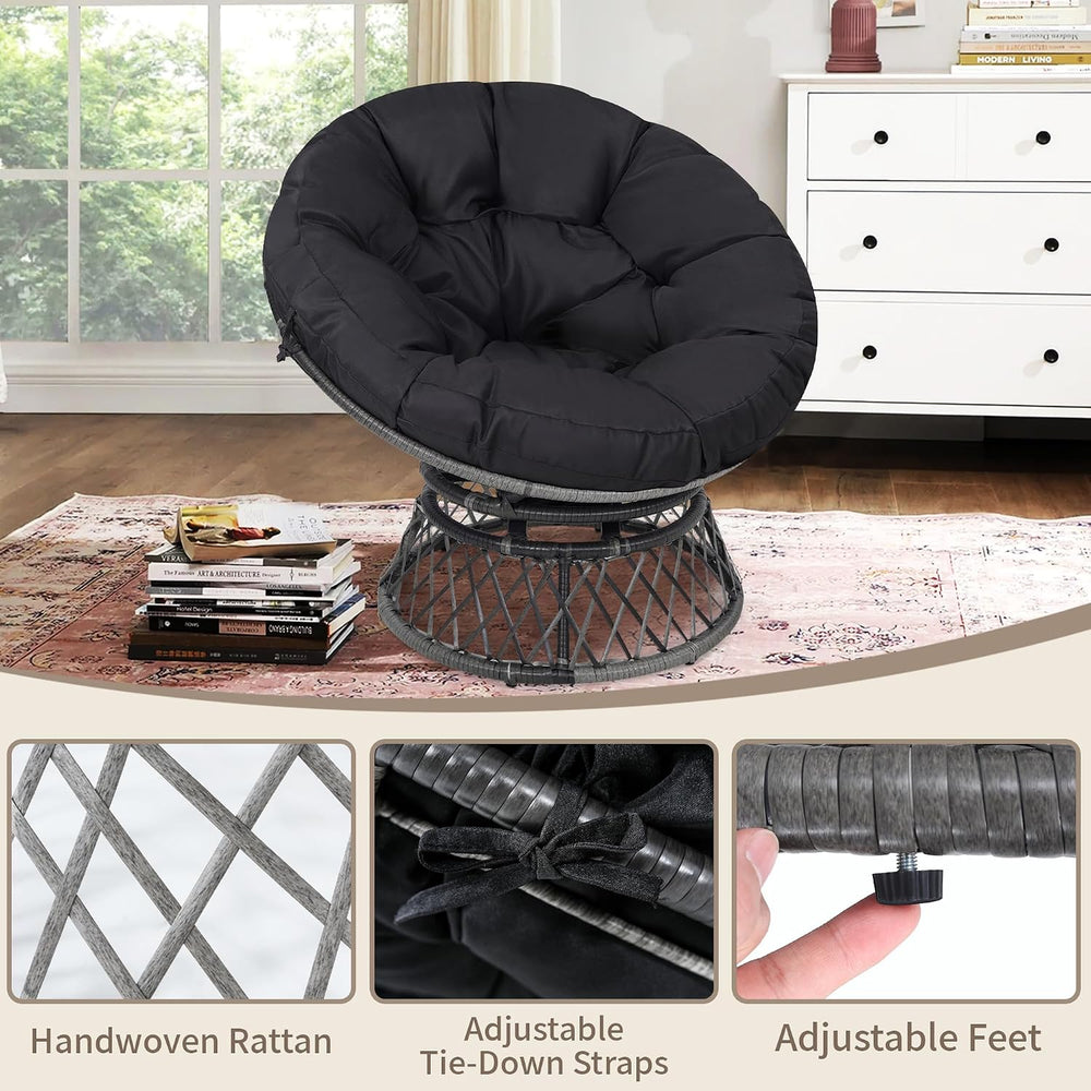 KROFEM 40" Ergonomic Wicker Papasan Chair, Grey Frame with Black Cushion