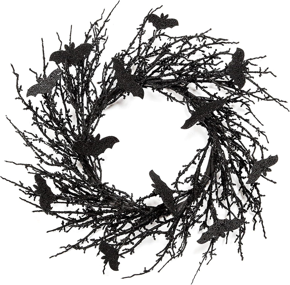 18 Inch Black Bat Wreath with Glitter Bats - Halloween Decorations