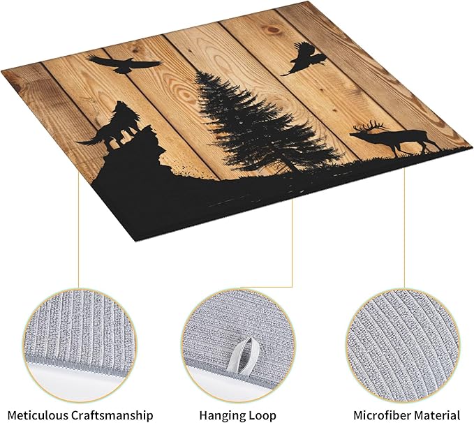 Retro Rustic Wolf Deer Forest Brown Wood Dish Drying Mat - Image 4