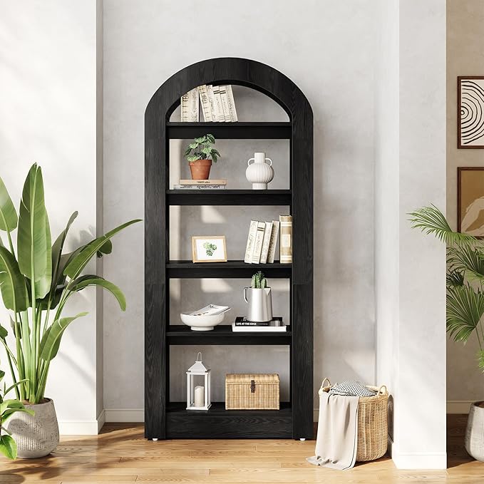 LITTLE TREE 5-Tier Bookshelf, Arch-Shaped Racks, Tall Standing Wooden Bookcas...