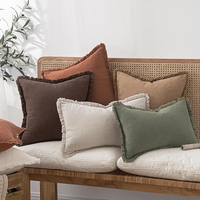 MIULEE Decorative Throw Pillow Covers Neutral Linen Fringe Throw Pillows Set of - Image 2