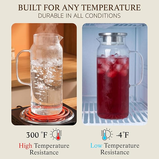 Glass Pitcher with Lid and Handle, 68oz 2 Liter Borosilicate Glass Water Pitcher - Image 6