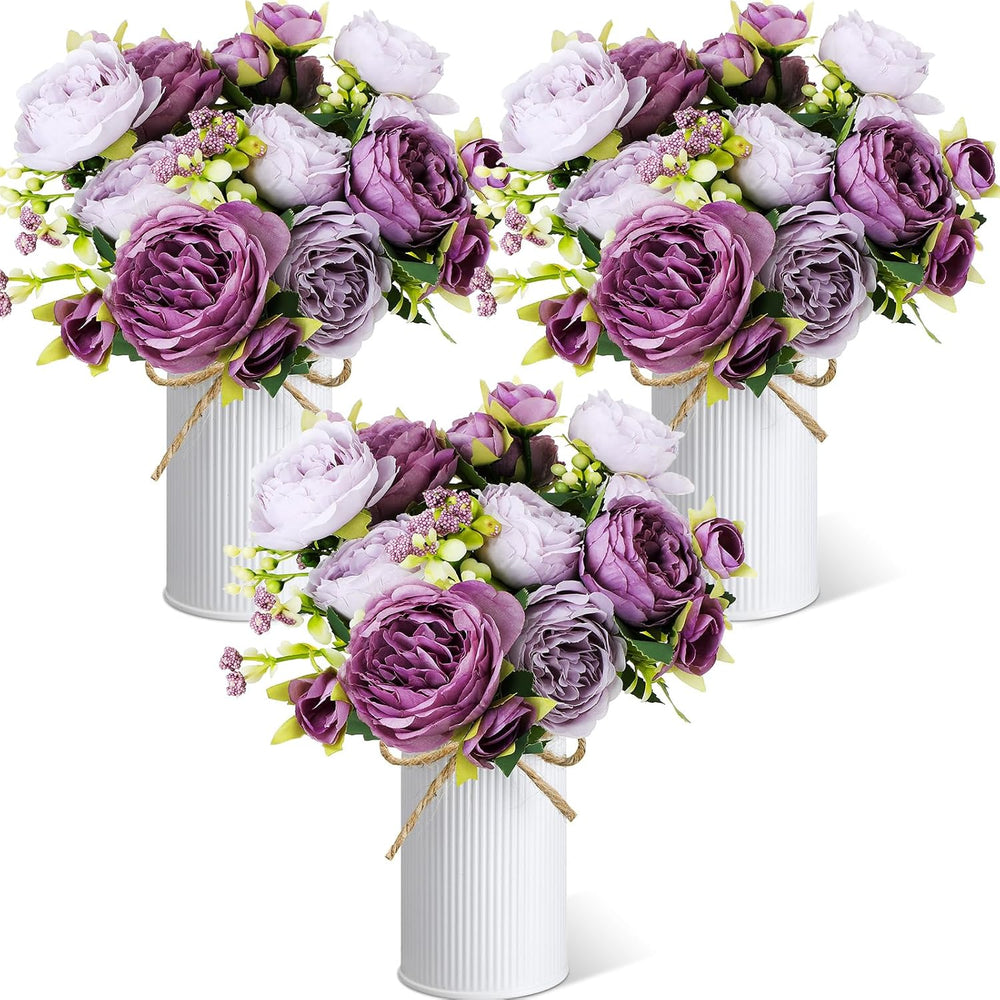 3 Sets Artificial Peonies Flower Peony Bouquet with Galvanized Metal Pot Silk...