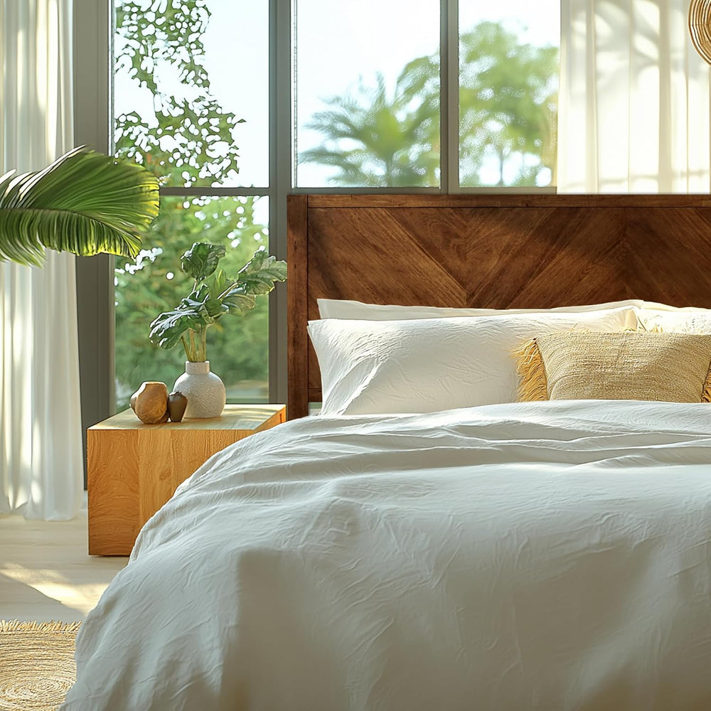 Acacia Alander Solid Wood Bed Frame with Chevron Headboard, King, Walnut