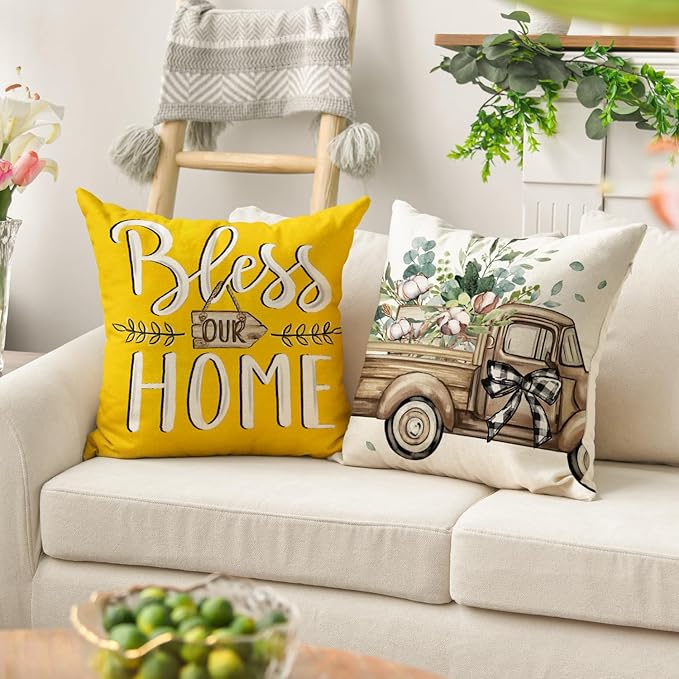 AVOIN colorlife Bless Our Home Farmhouse Eucalyptus Leaves Throw Pillow Covers - Image 3