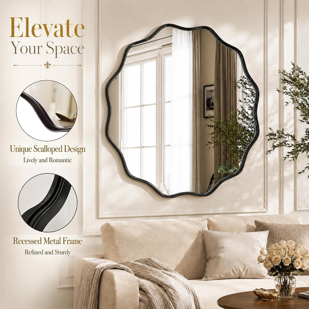 VooBang Black Scalloped Circle Mirror, 24" Wavy Edge Round Wall Mirror