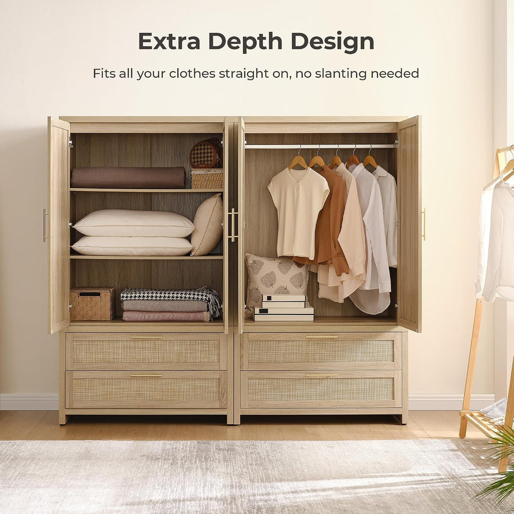 SICOTAS 71 inch Rattan Wardrobe Closet, Boho Armoire Wardrobe with Drawers