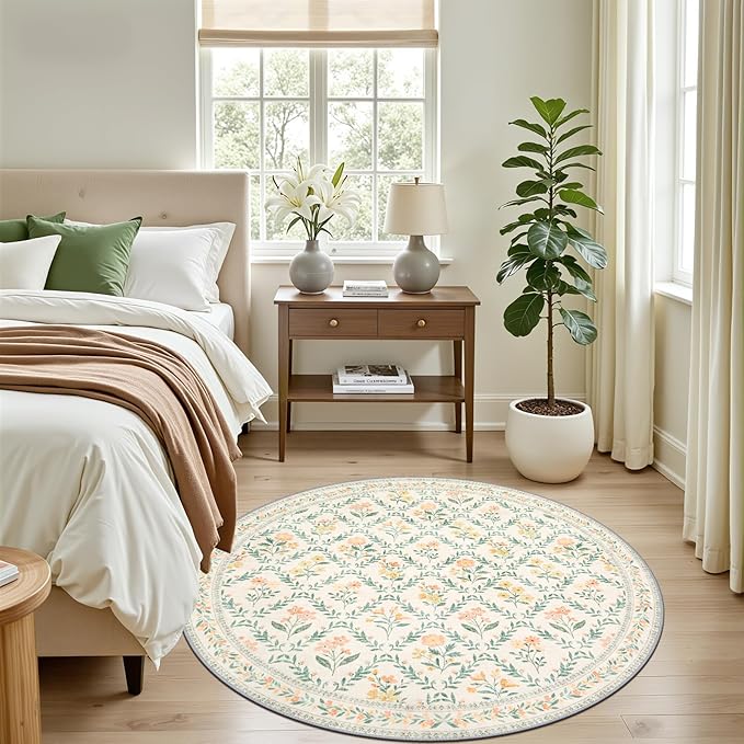 Round Area Rug for Living Room: 4 ft Floral Washable Circle Rug Soft Non-Slip - Image 3