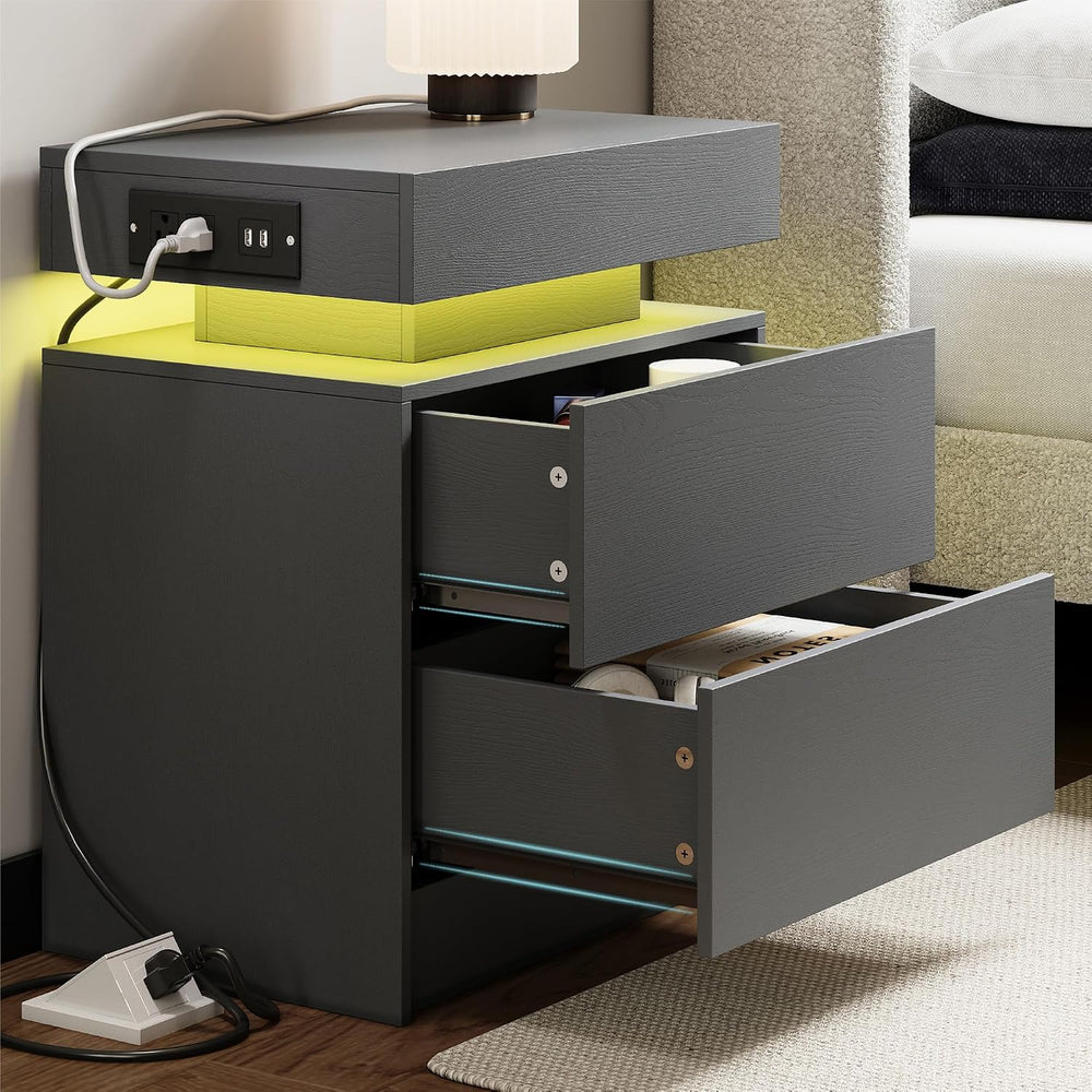 LIKIMIO Nightstand Set of 2 with Charging Station LED Light 2 Drawers Grey