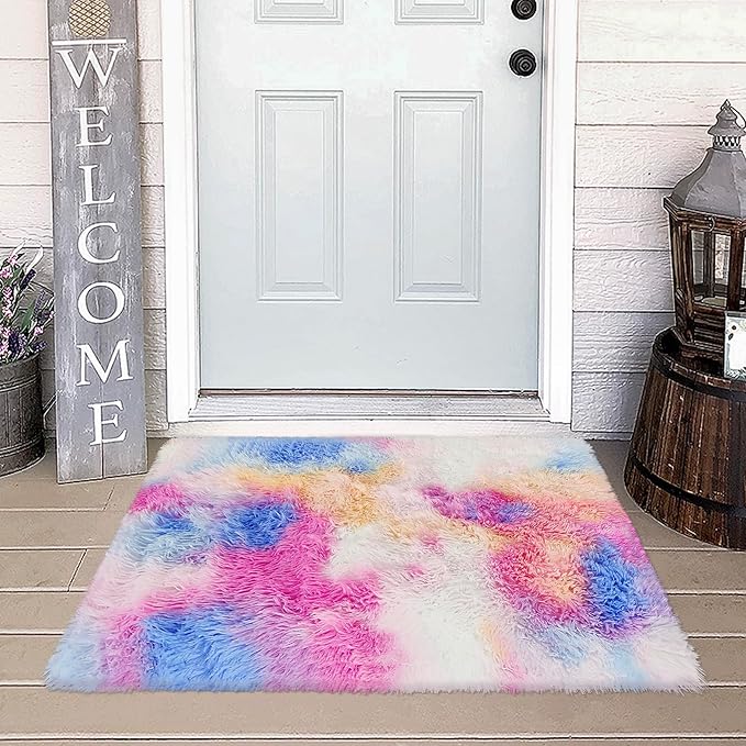 Small Fluffy Colorful Rug for Bedroom Girls 2x3 Mini Kawaii Rainbow Tie Dye - Image 3