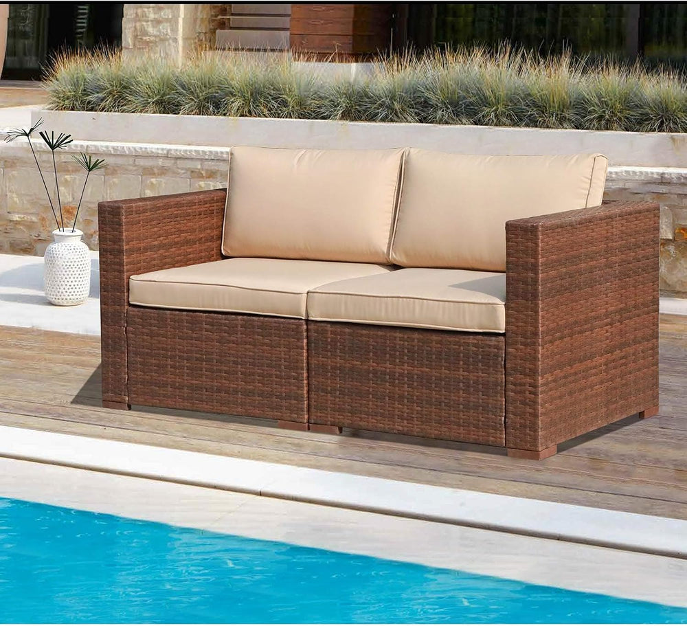 Patiorama 2 Piece Outdoor Wicker Loveseat, Brown PE Rattan, Beige