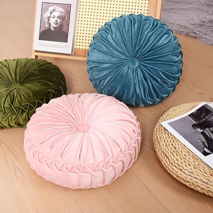 HIG Set of 2 Dusty Blue Ruched Velvet Round Throw Pillows – 14.5’’ Decorative - Image 9