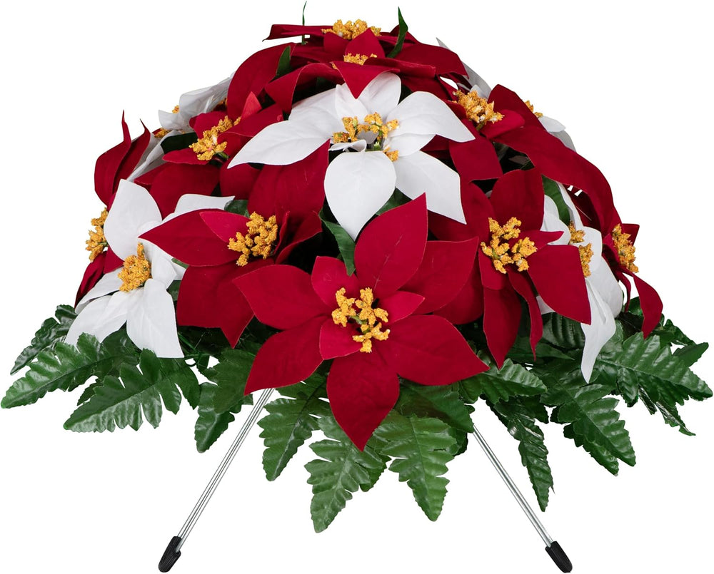 Sympathy Silks 30-Inch Christmas Headstone Saddle, Red & White Poinsettias