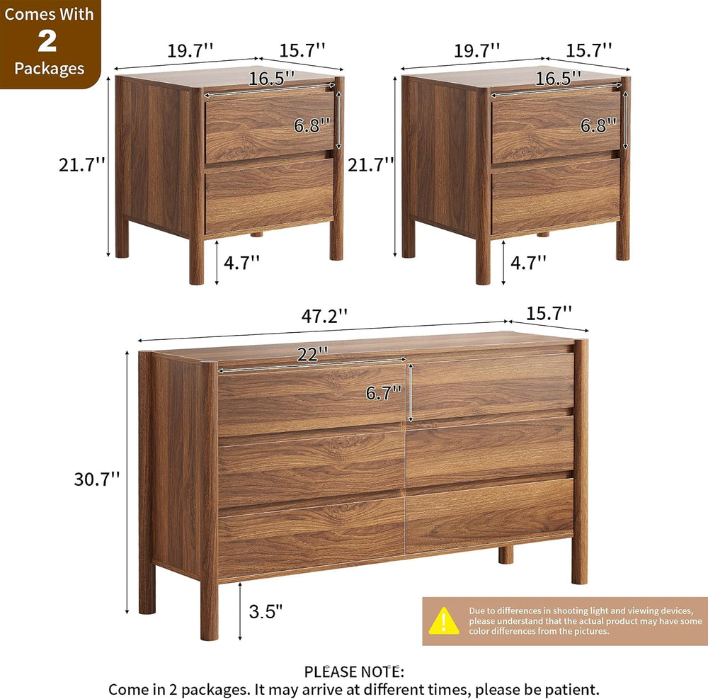 CHUWELL Walnut Dresser Bedroom Set, 6 Drawer Dresser & 2 Drawer Nightstands