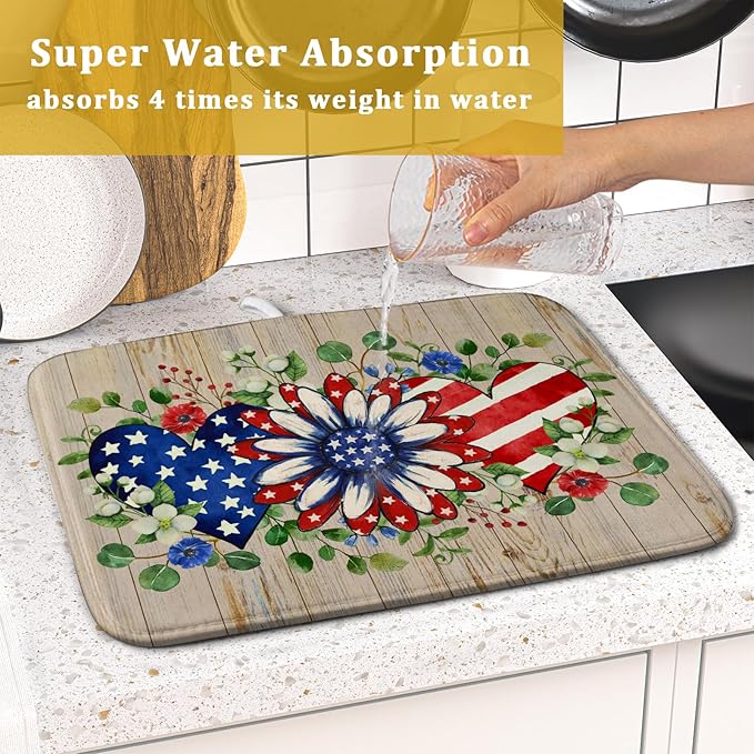 Independence Day Dish Drying Mat 16x18 inch Patriotic Love Heart Fast Dry - Image 7