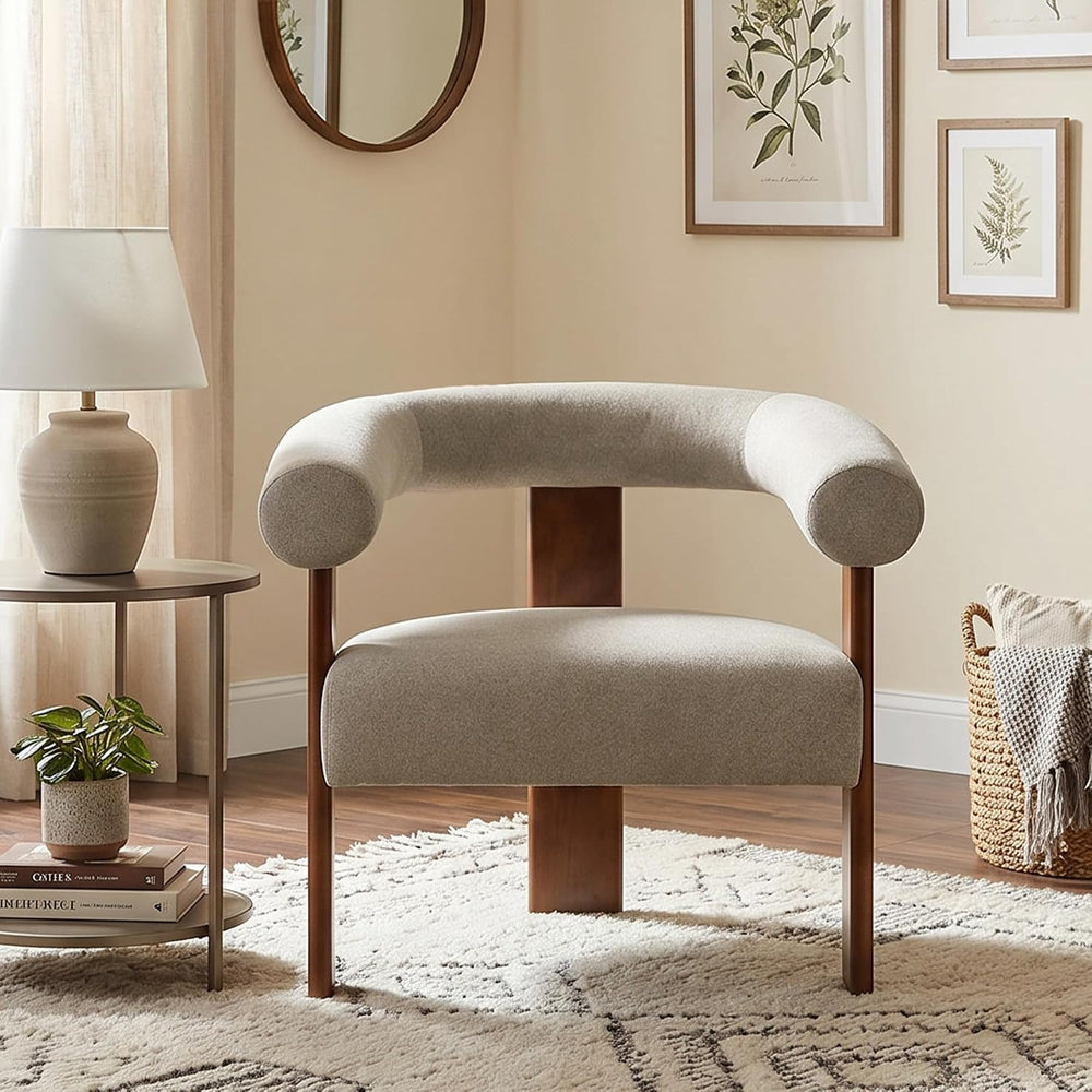 Usaint Upholstered Barrel Accent Chair with Walnut Wood Legs and Armrests