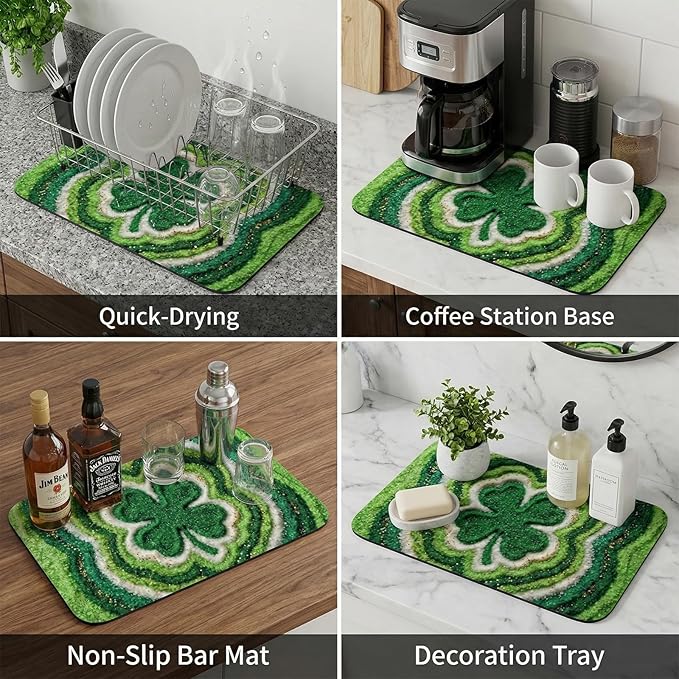 St Patrick’s Day Dish Drying Mat: 12’’x20’’ Green Shamrock Absorbent Counter - Image 5