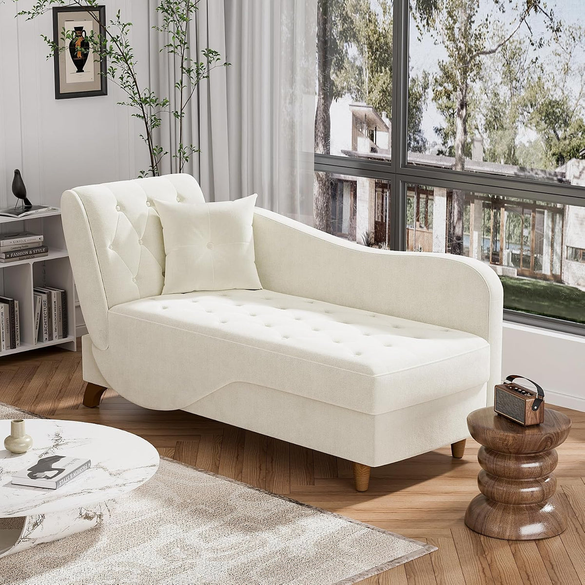 chaise lounge chair indoor with storage,adjustable backrest,beige white, main product view
