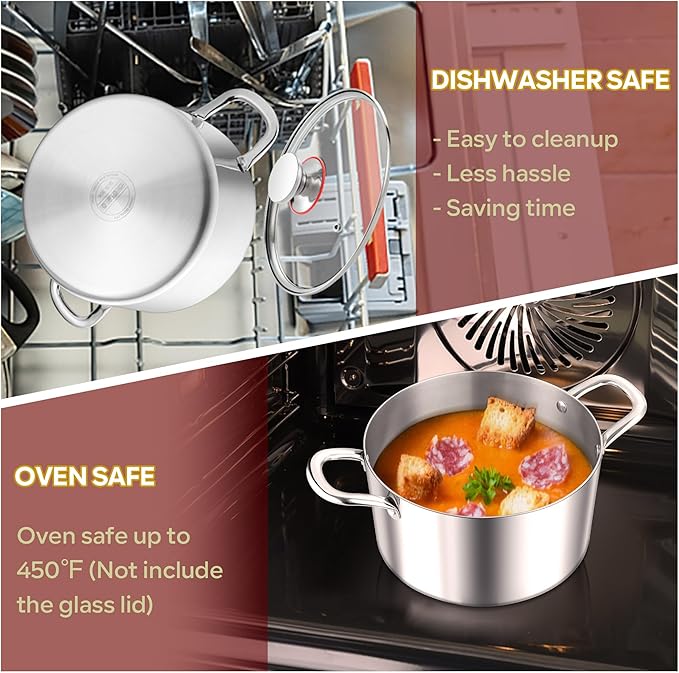 E-far 5 Quart Stock Pot with Lid, 18/10 Tri-ply Stainless Steel Stockpot - Image 7